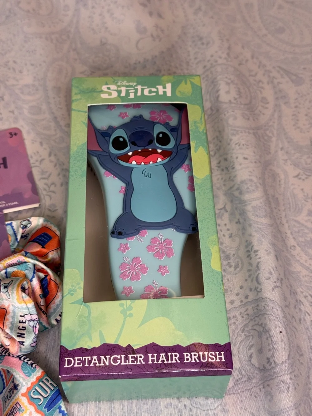 Disney Stitch Scalp Massager, Detangler Brush, and Metal Stich on Satin Scrunch